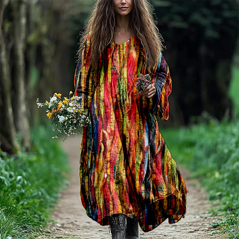 Colorful Boho Patchwork Flowy Linen Maxi Dress