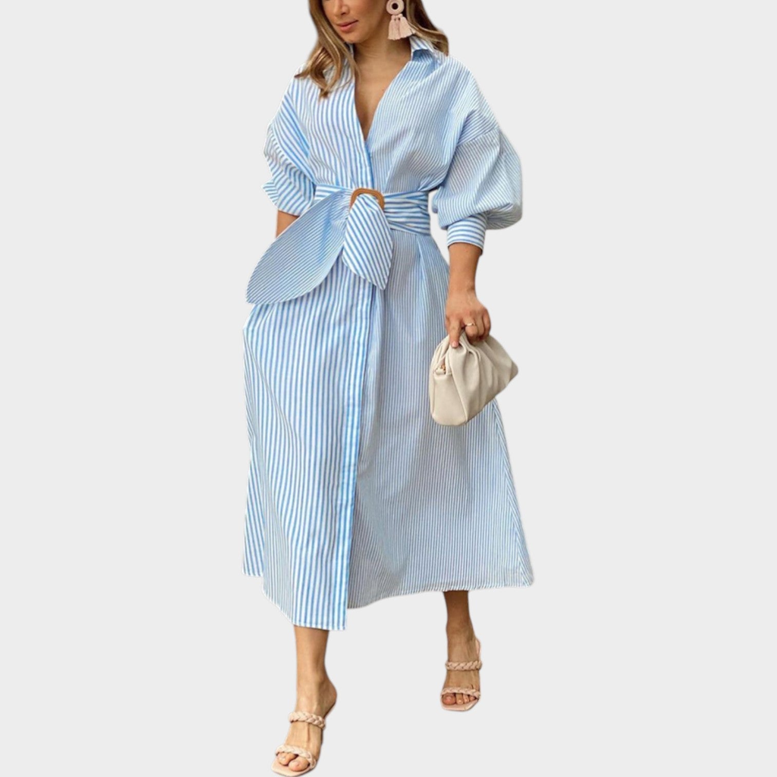 Striped Belted Midi Shirt Dress