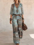 Effortless Boho Aqua Blue Printed Two-Piece Set