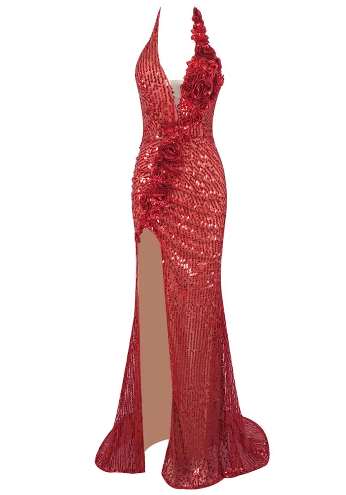 Halter Floral Detail Sequin Maxi Dress Red