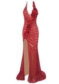 Halter Floral Detail Sequin Maxi Dress Red