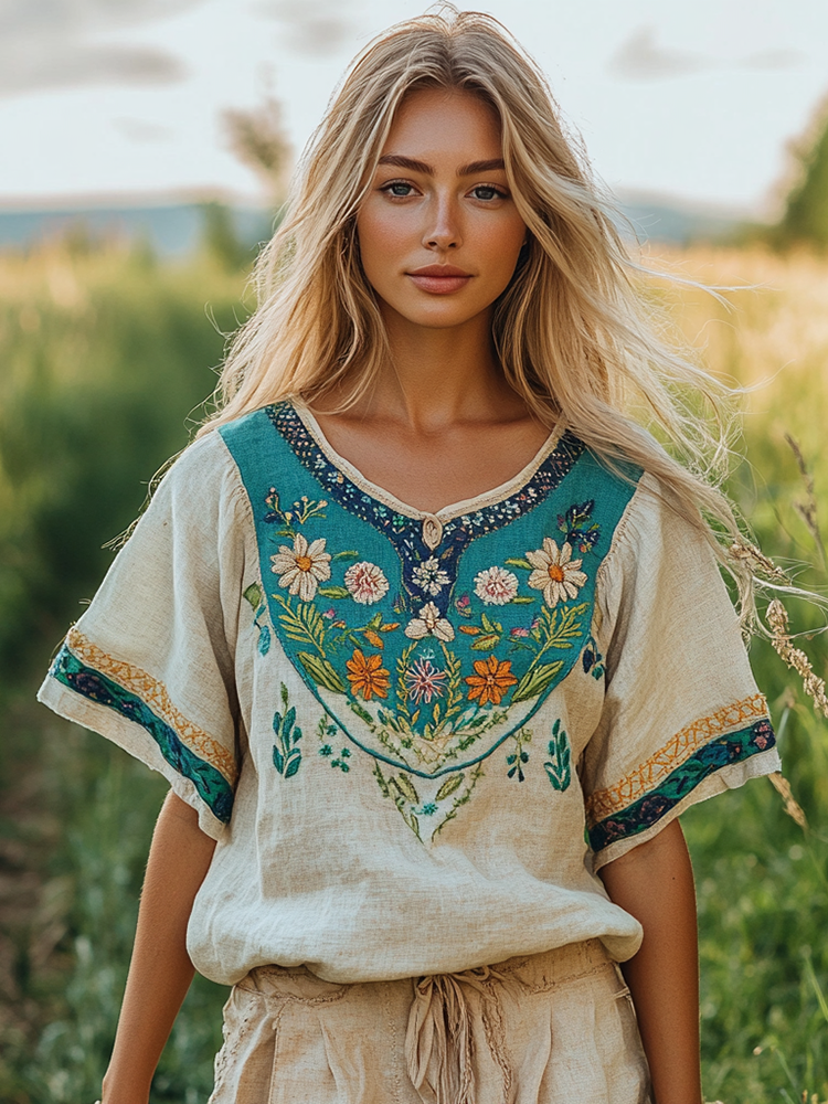 Women's Vintage Bohemian Floral Gradient Cotton And Linen T-shirt