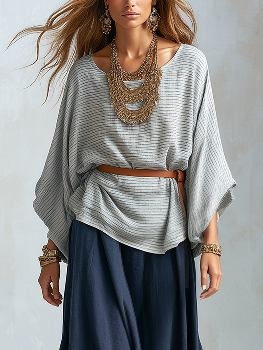 Bohemian Textured Batwing Sleeve Top And Skirt Set