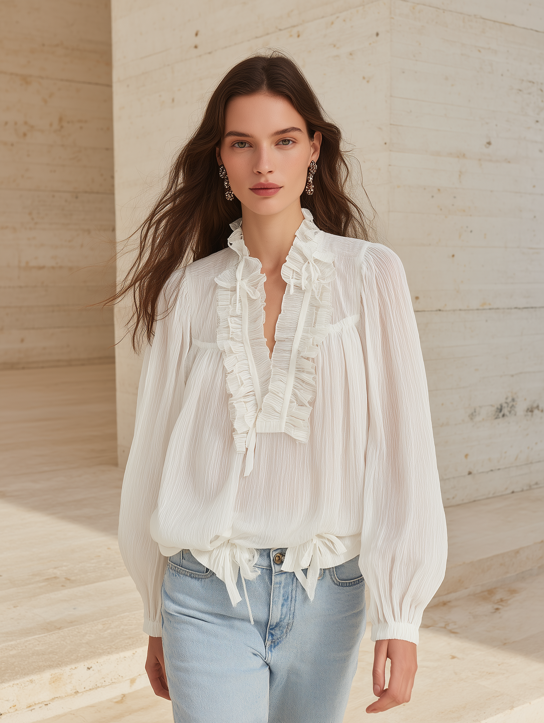 Women's V-Neck Ruffled Trim Lantern Sleeve Blouse with Tie Front