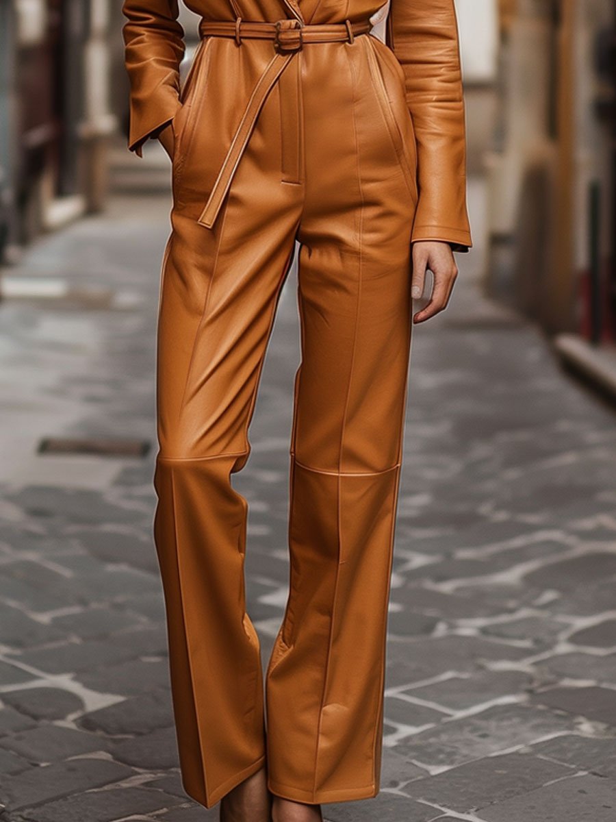 [24-hour shipping out]Casual Loose Pocket Vintage Leather Long Sleeve Jumpsuit