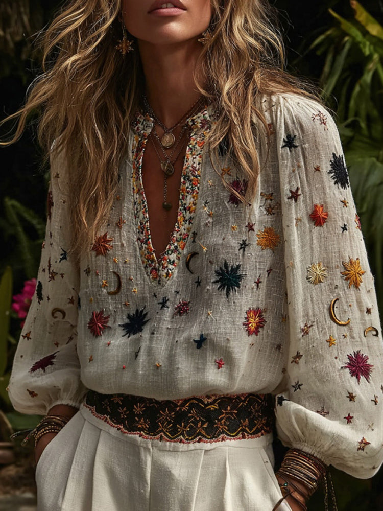 Women's Floral And Star Moon Embroidered Linen V-neck T-shirt