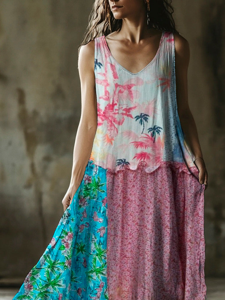 Vintage Floral Women's Linen Vest Dress dd4e