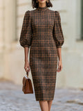 High Neck Puff Balloon Sleeve Brown Plaid Midi  Dress