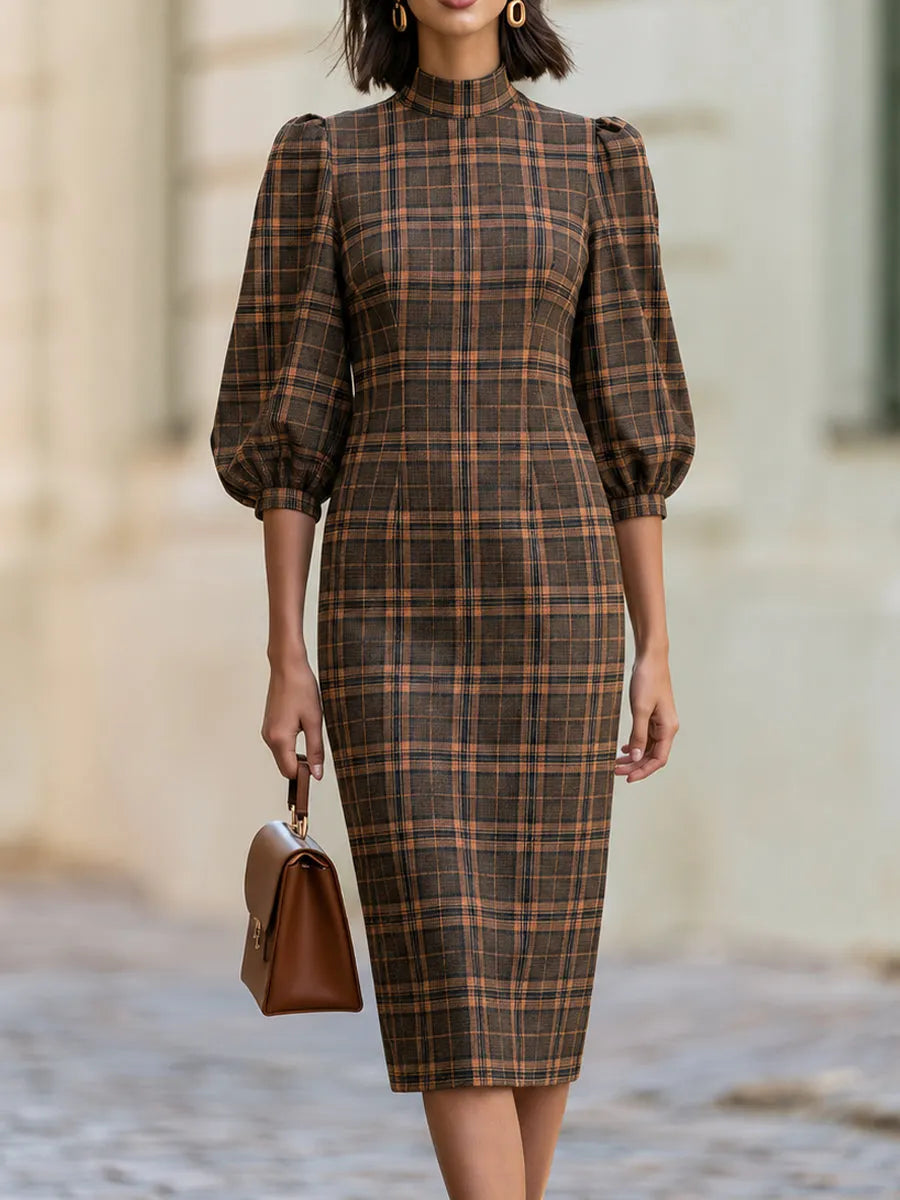 High Neck Puff Balloon Sleeve Brown Plaid Midi  Dress