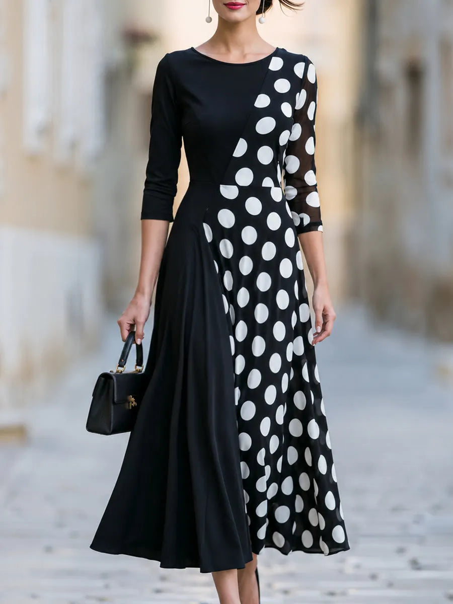 Asymmetrical Polka Dot Mesh Panel Midi Dress