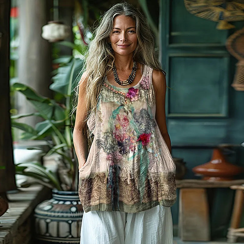Vintage Floral Print Sleeveless Tank Top