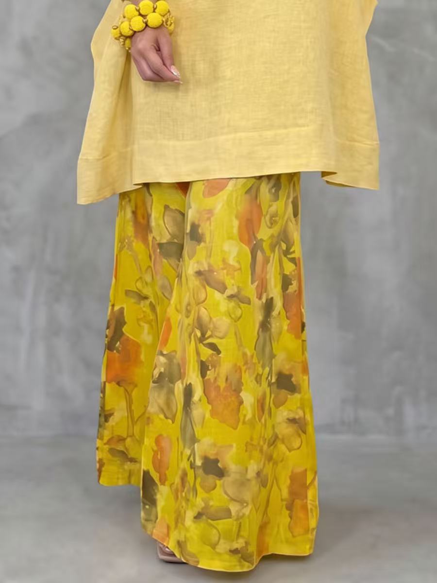 Flower Print Contrast Color Wide Leg Loose Trousers Pants