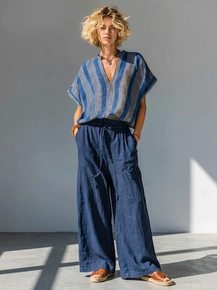 Casual Striped Linen And Cotton Two-piece Top And Pants Set
