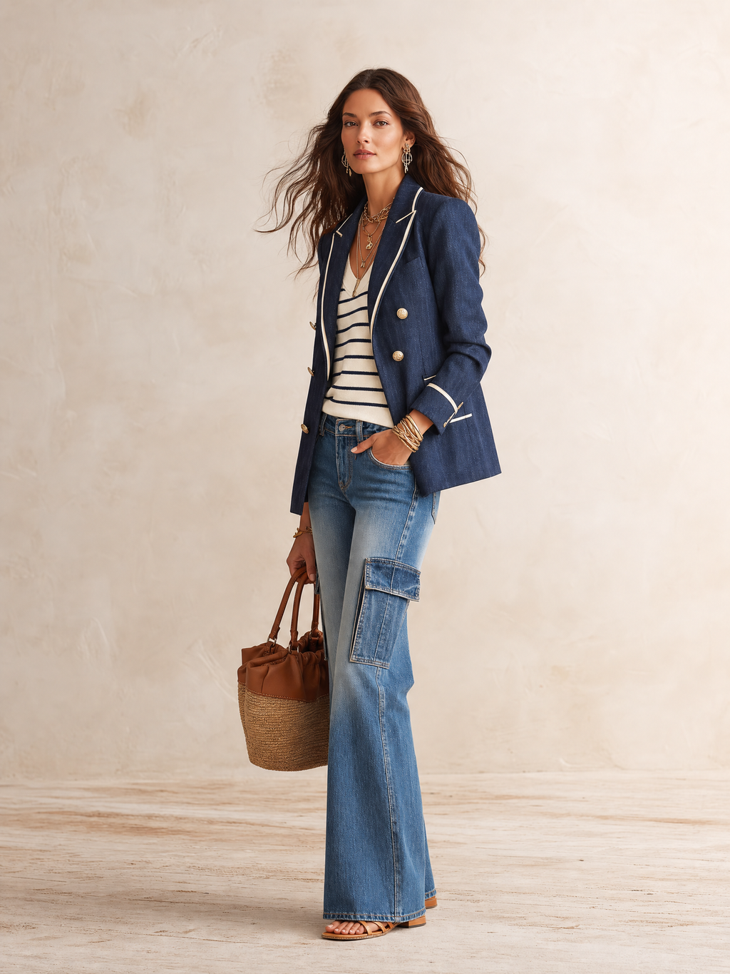 Effortless Chic Linen-Blend Notch-Lapel Gold-Button Navy Tailored Blazer