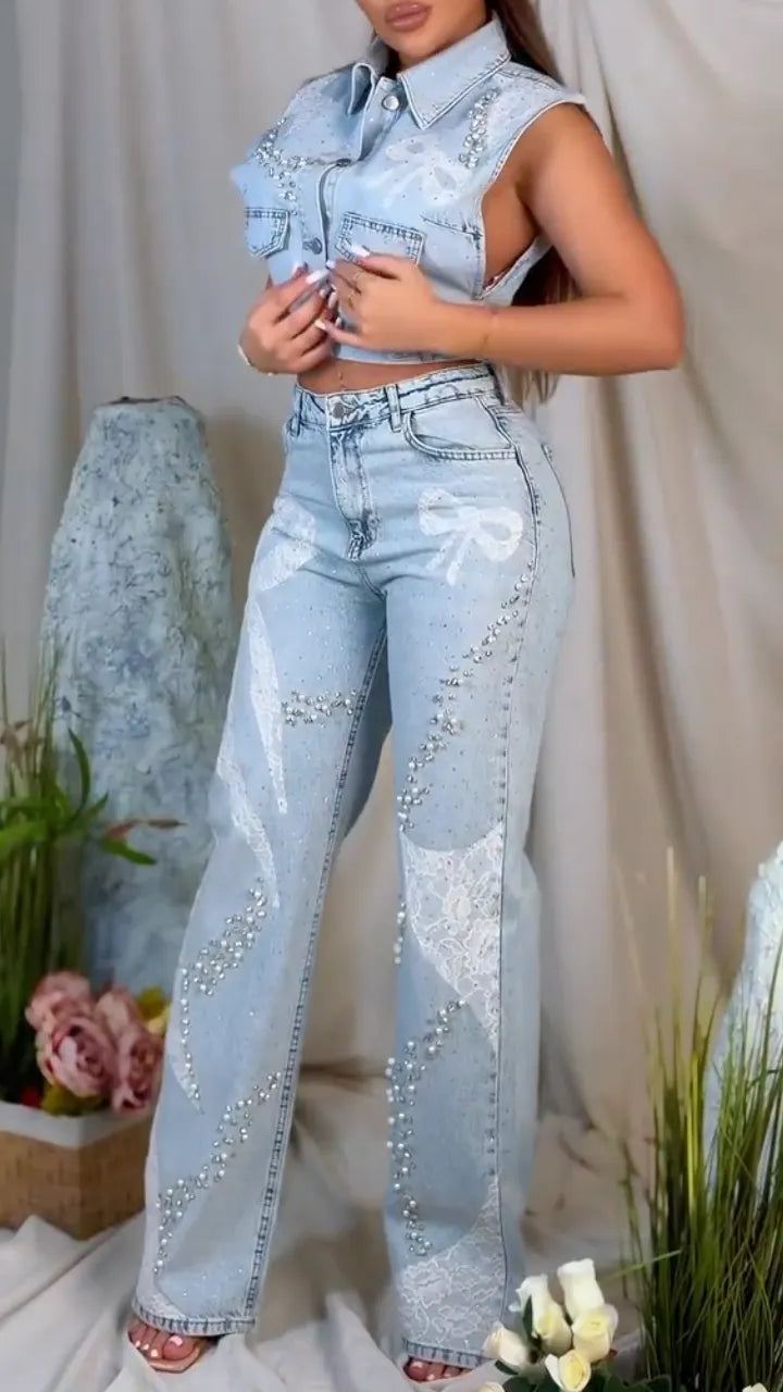 Women's Lace Rhinestone Denim Suit