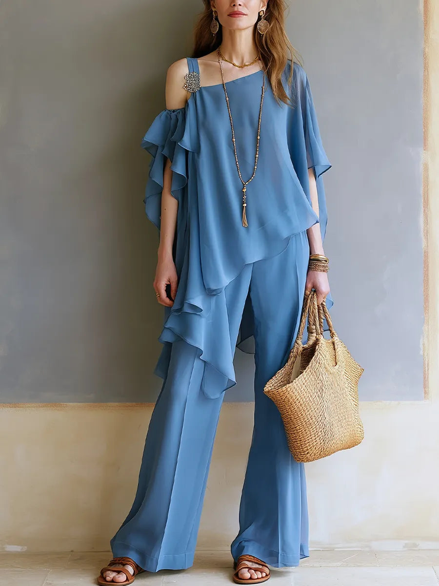 Bohemian Gray-blue Layered Ruffled Trouser Suit