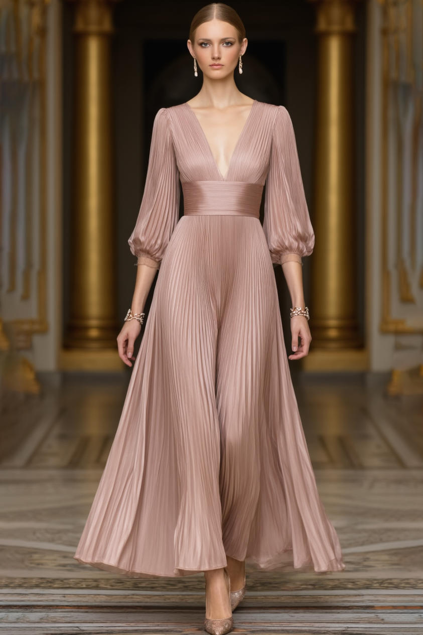 Fall Wedding Guest Dress Pink V Neck Pleated Maxi Dress
