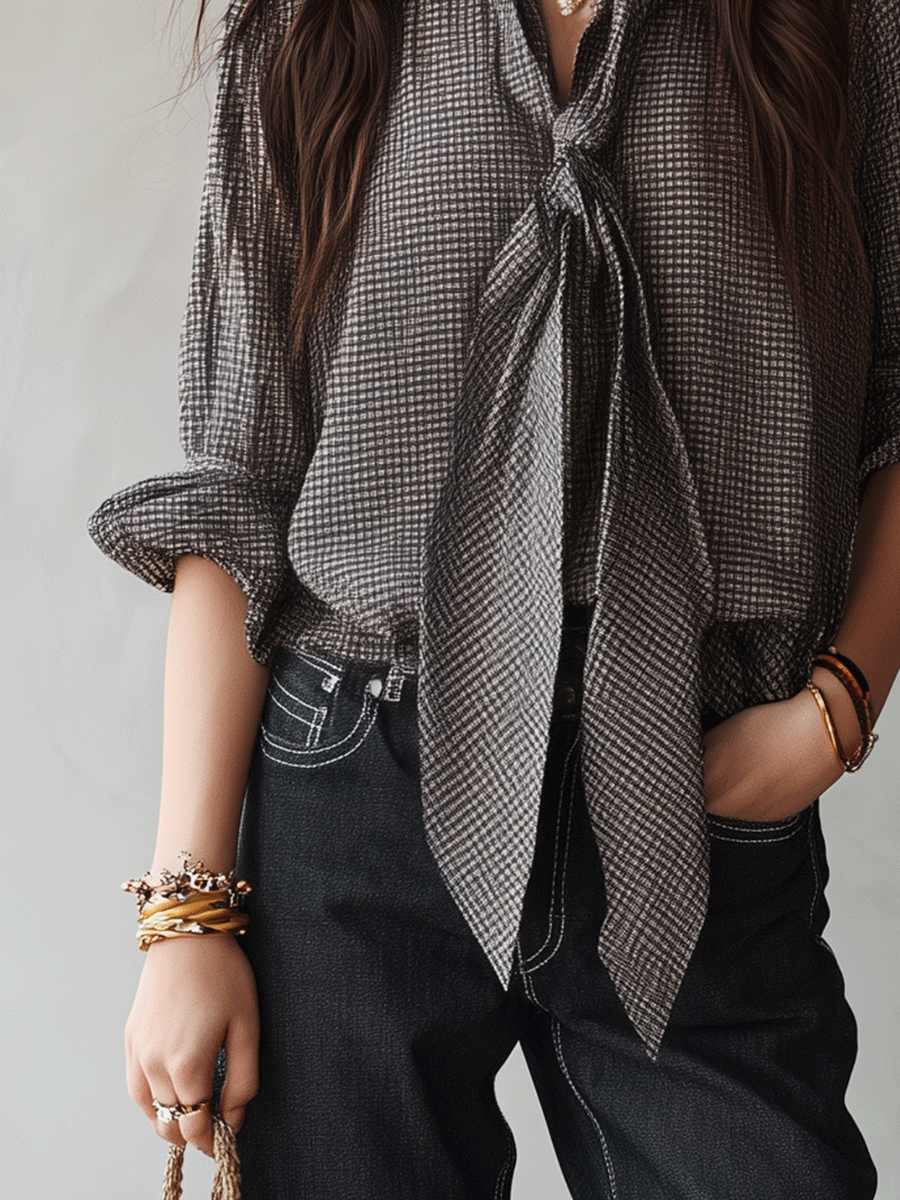 Effortless Chic Chiffon Micro-Check Tie-Front Black & White Blouse