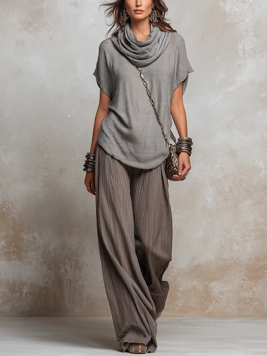 Relaxed Taupe Crinkled Wide-Leg Set