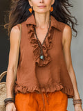 Caramel-colored Sleeveless Shirt With Ruffled Trim