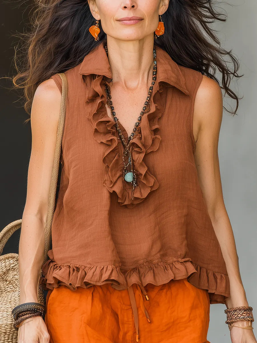 Caramel-colored Sleeveless Shirt With Ruffled Trim