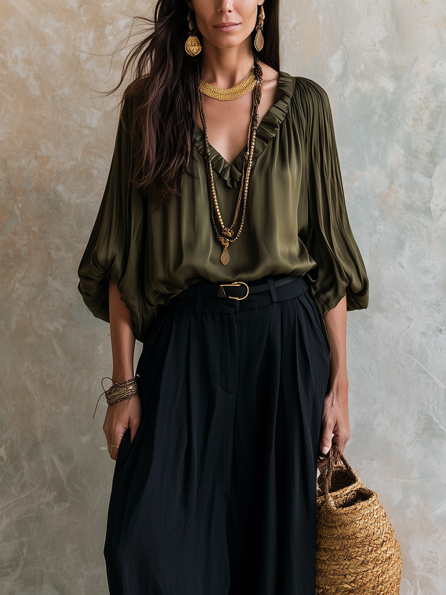 Bohemian Olive Green Ruffled Top And Lantern Pants Set