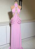 Light Pink High Neck Halter Cut Out Pearl Rhinestone Draped Mermaid Train Evening Maxi Dress For Wedding Guest Prom Gala Birthday Party
