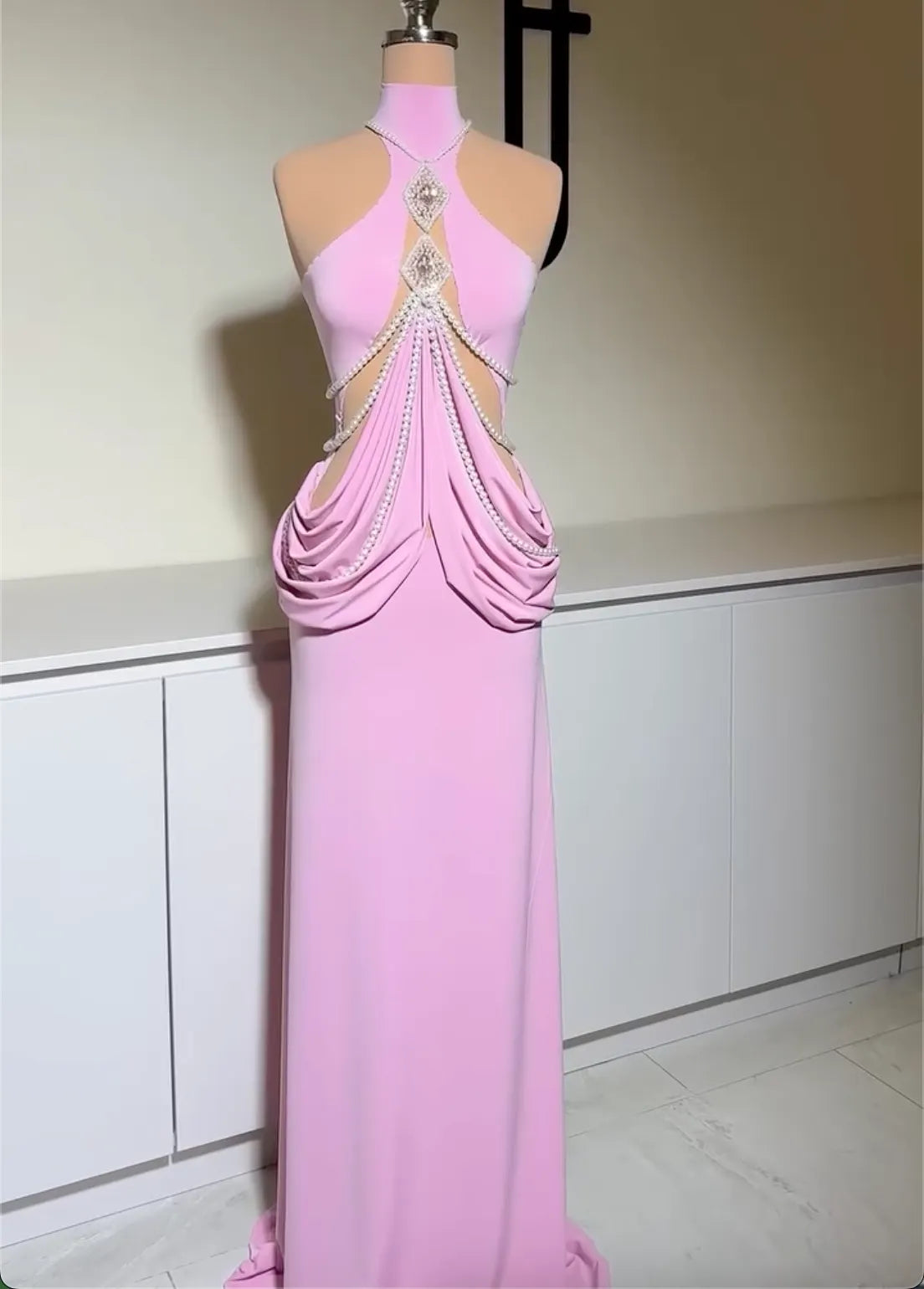 Light Pink High Neck Halter Cut Out Pearl Rhinestone Draped Mermaid Train Evening Maxi Dress For Wedding Guest Prom Gala Birthday Party