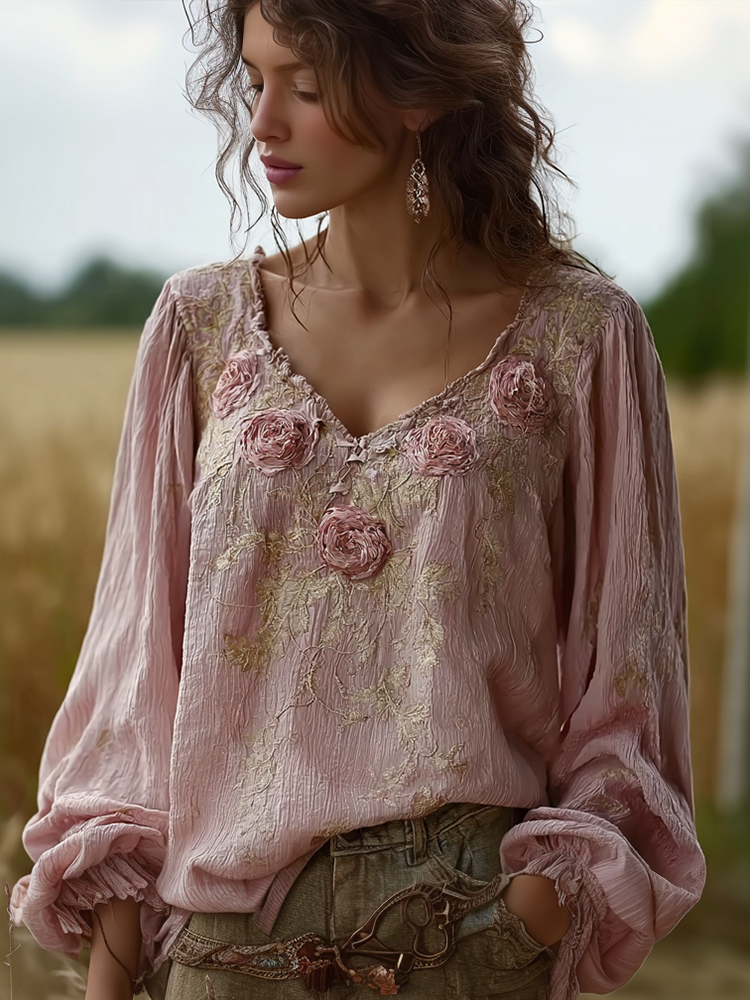 Bohemian Retro Countryside Style Plant Flower Design Cotton And Linen Women's Long-sleeve Shirt