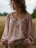 Bohemian Retro Countryside Style Plant Flower Design Cotton And Linen Women's Long-sleeve Shirt