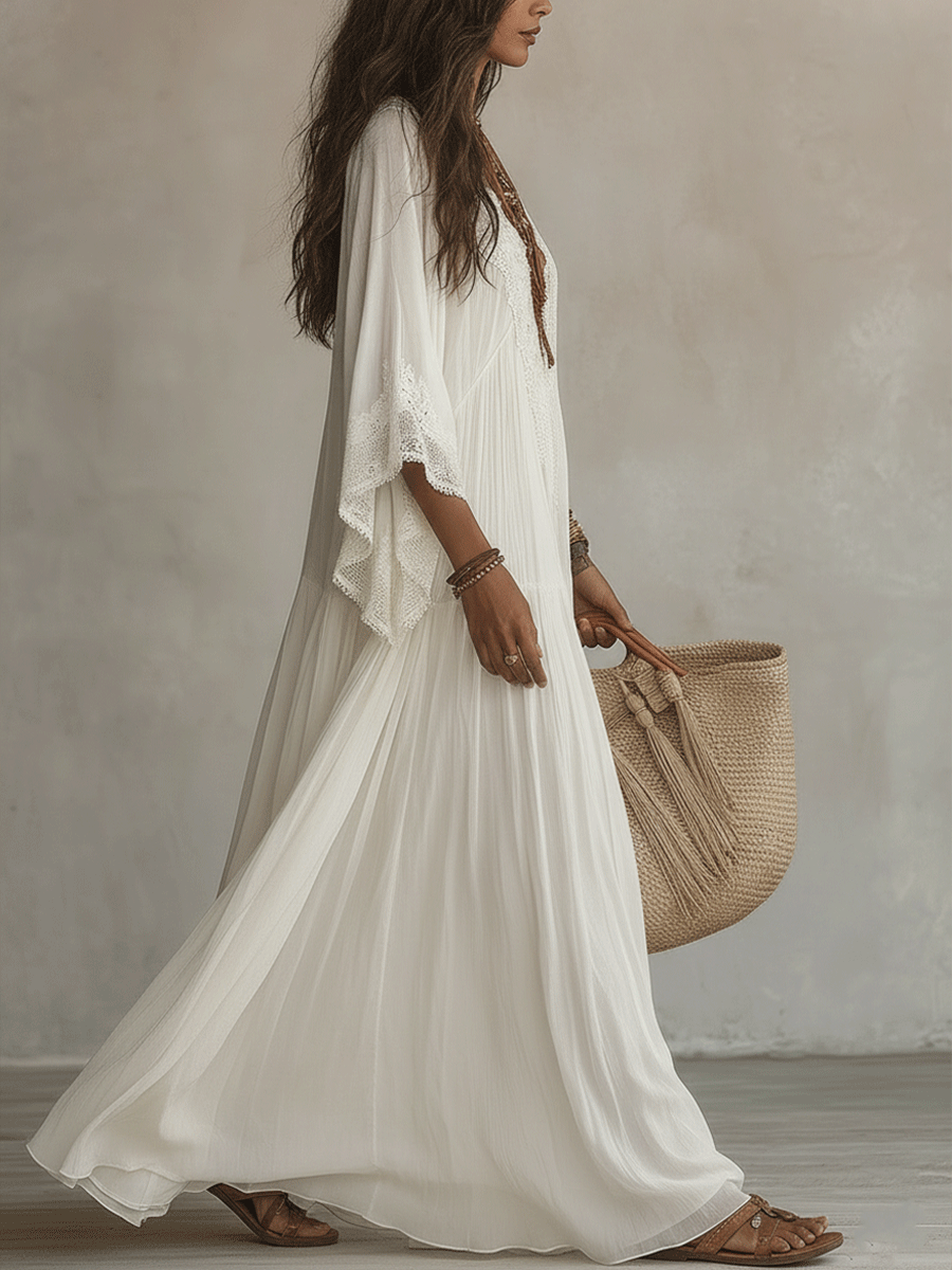 Effortless Flowy Vacation Cream White Boho Maxi Dress