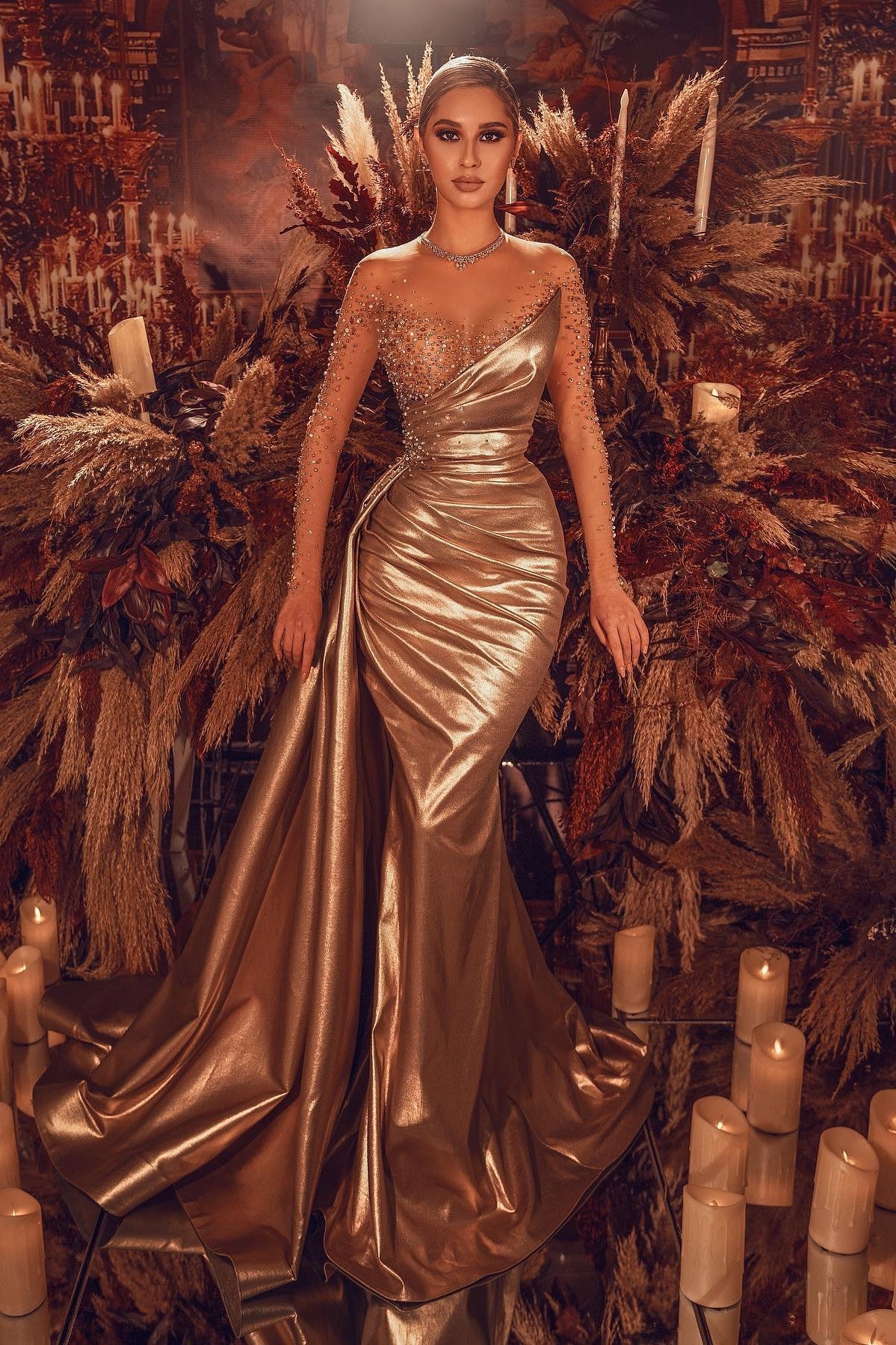 Daisda Gold Long Lace Sleeves Fabulous Evening Dress Mermaid With Colorful Beads
