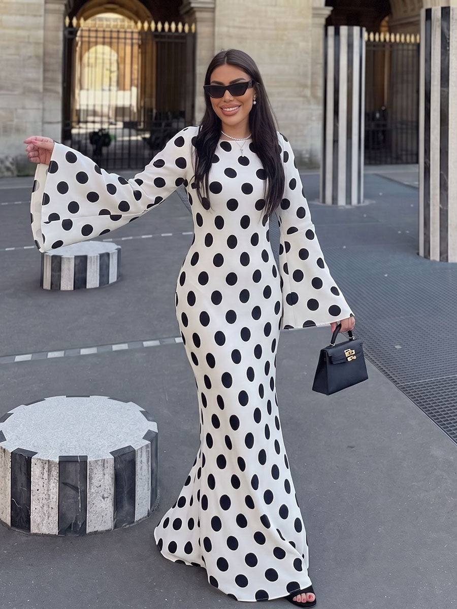 Polka Dot Contrast Color Loose Long Sleeves Round-neck Maxi Dresses