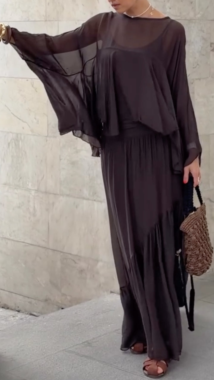 Sheer Ruffle Top & Pleated Maxi Skirt Co‑Ord Set