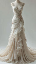 (out of stock)Ivory Vintage Floral Long Tulle Ball Gown Wedding Dress gh4955