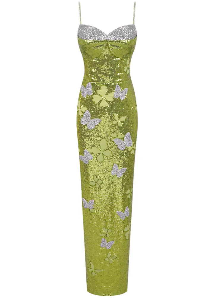 Butterfly Sequin Maxi Dress Green Silver