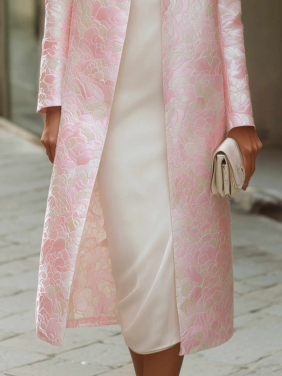 Elegant Pink Floral Jacquard Longline Coat