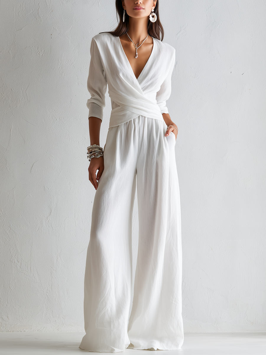 White Cotton Linen Wrap Top And Wide Leg Pants Suit