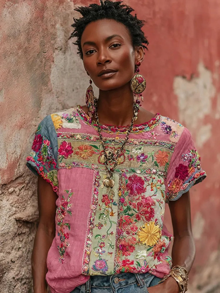 Women's Vintage Bohemian Floral Embroidery Art Round Neck Short Sleeve Linen Blend T-shirt