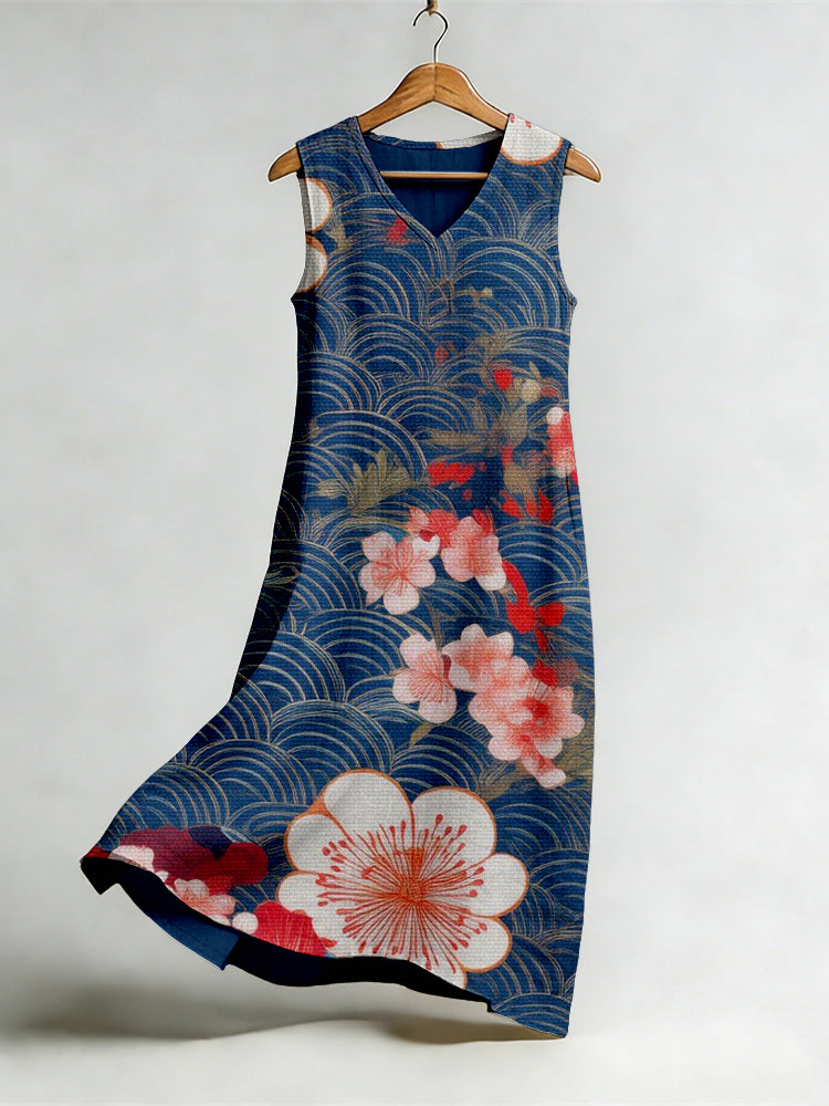 Japanese Floral Art V Neck Flowy Linen Midi Dress
