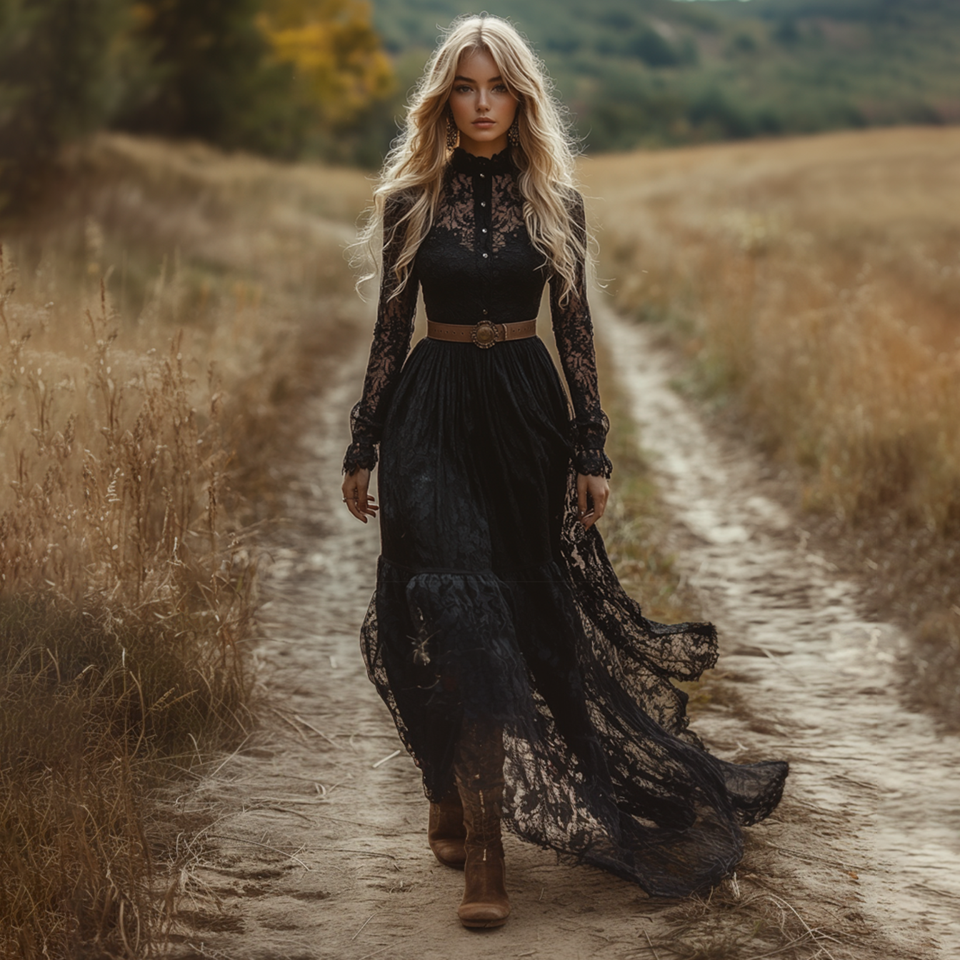 Retro Lace Women's Long-sleeved Dress Pastoral Style Lace Retro Long Dress