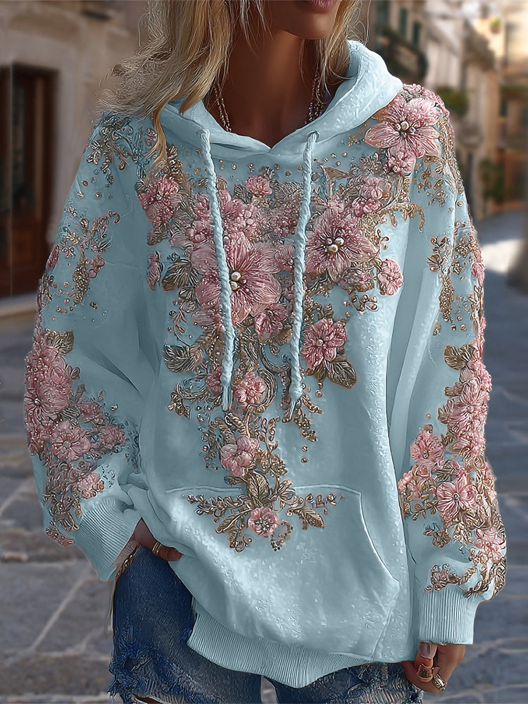 Women's Classic Floral Embroidery Art Comfy Hoodie