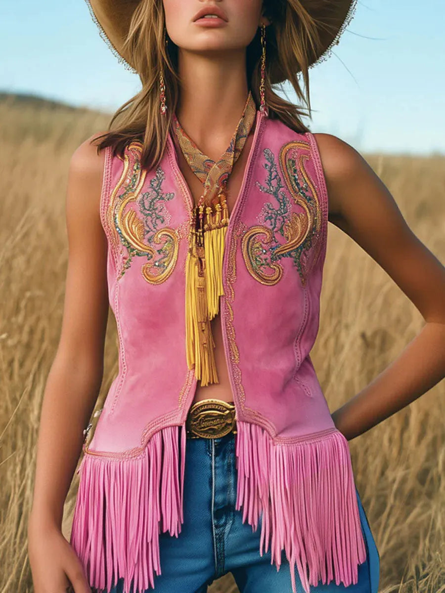 [24-hour shipping out]Casual Loose Vintage Gold Embroidery Pink Suede Tassel Vest