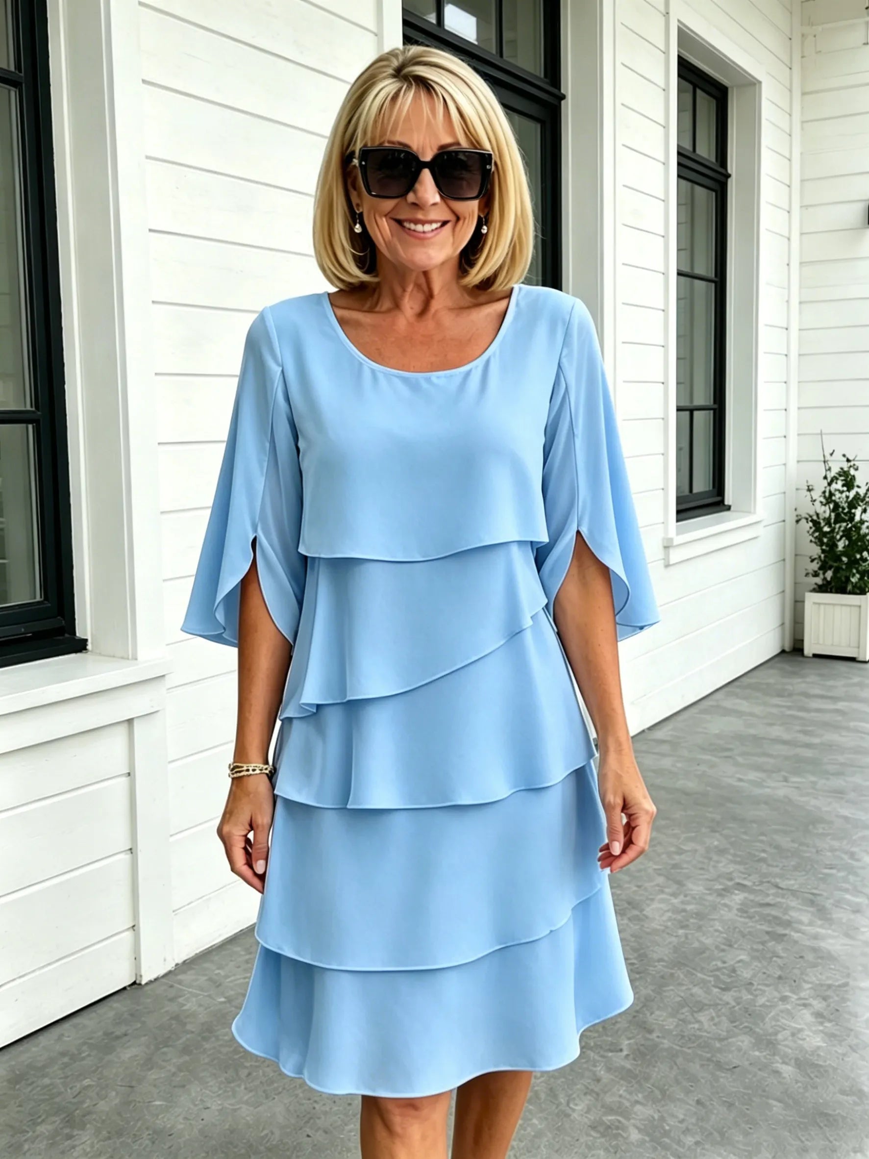 Fashion Solid Color Round Neck Cake Skirt Splicing Dress Women's Clothing