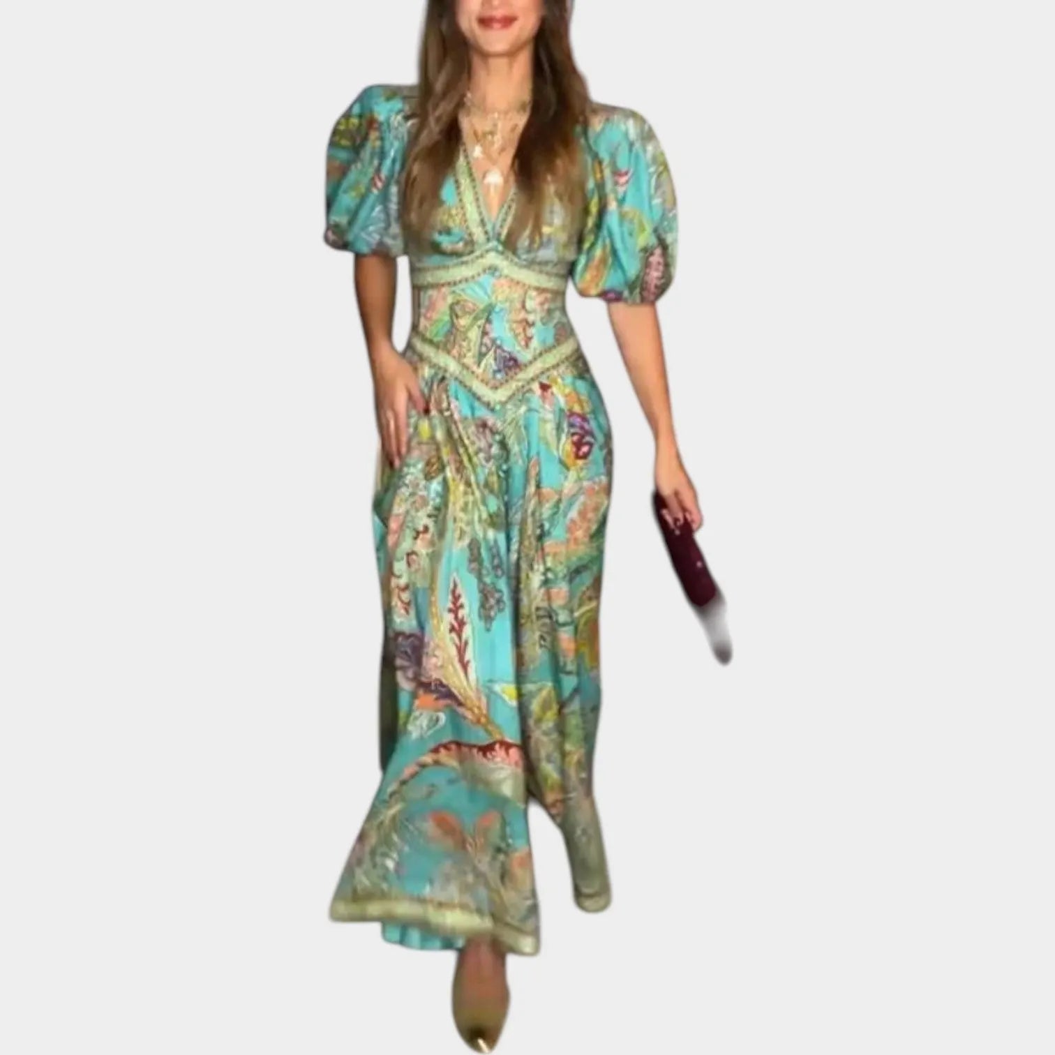 Bohemian Print Puff Sleeve Maxi Dress