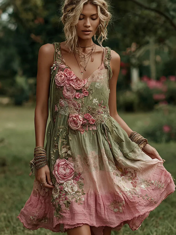 Roses Embroidered V-neck Sleeveless Mini Dress