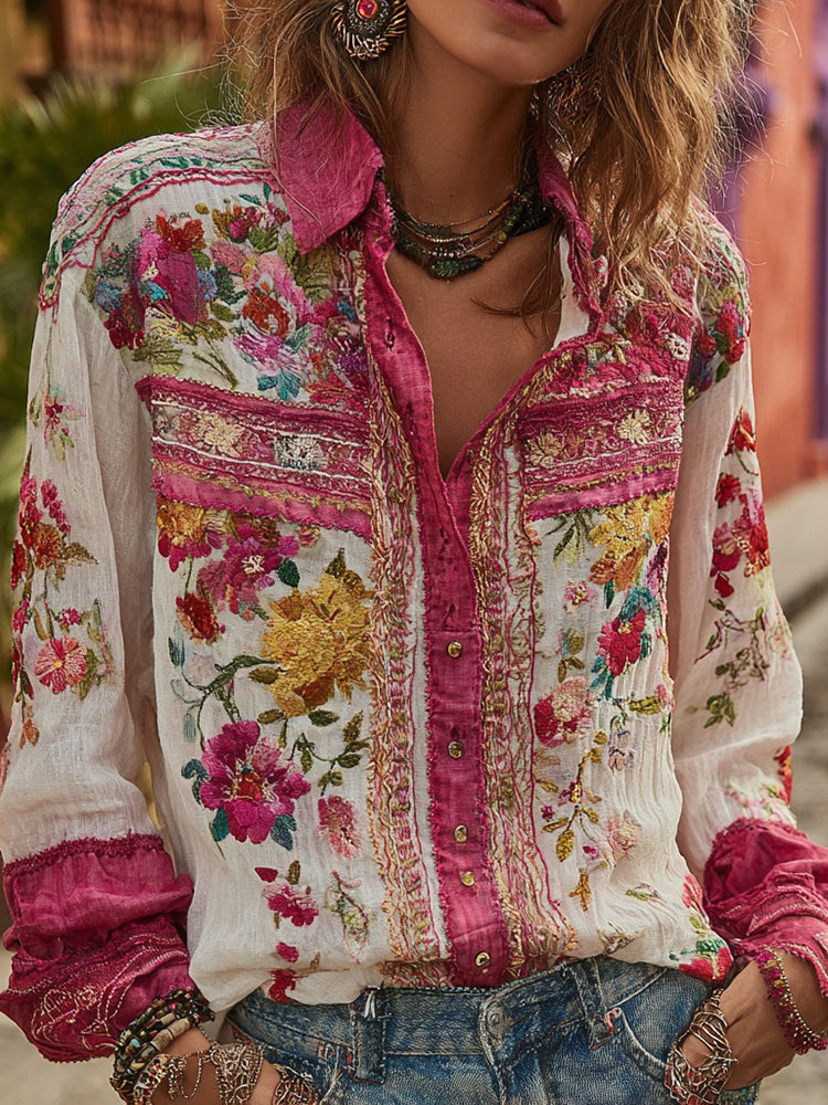 Women's Bohemian Floral Embroidery Long Sleeve Shirt