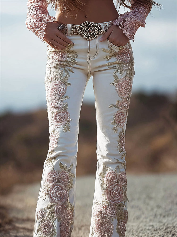 Vintage Glitter Roses Embroidered Bootcut Jeans
