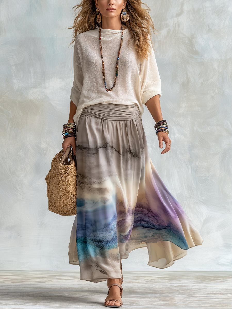 Bohemian Knit Top And Gradient Skirt Set