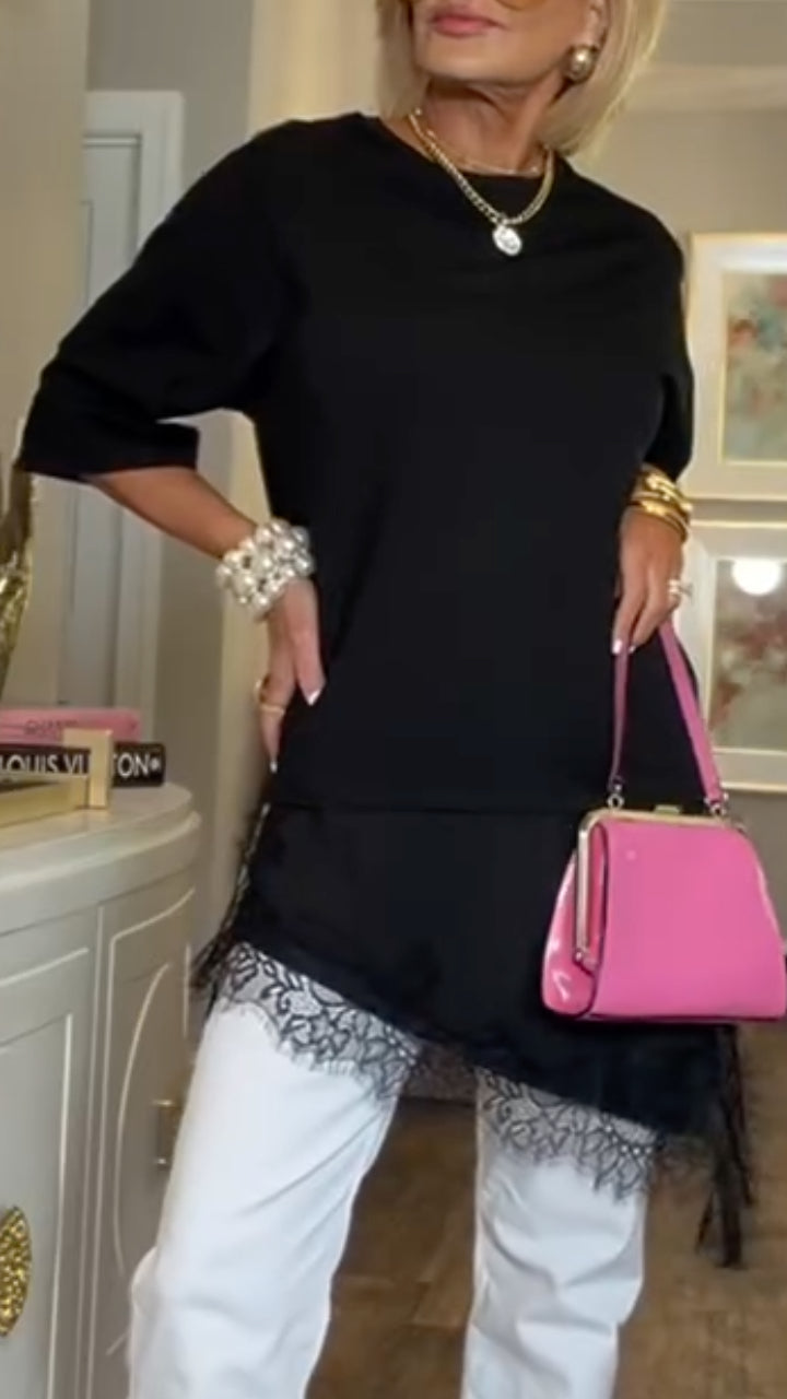 Lace Patchwork Asymmetrical Hem Half Sleeve T-Shirt